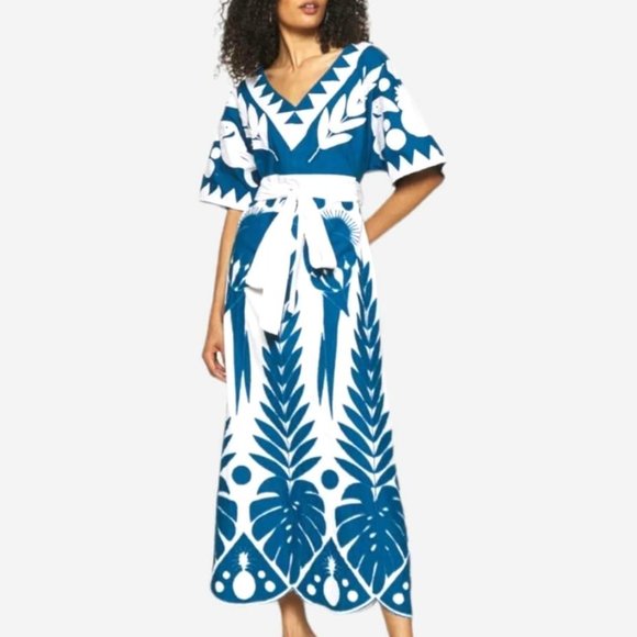 farm rio blue patchwork embroidered dress Farm Rio Light Blue Embroidery Short Sleeve Midi Dress Light Blue / XL main image 0